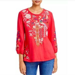 Johnny Was Ellia Cotton Embroidered Puff Sleeve Blouse. Size XS. SKU 405